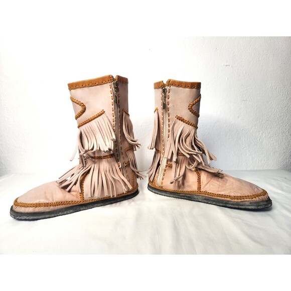 Light Pink Leather Boots & Fur Moccasins Fringes Navajo Southwestern Native 10 - Picture 7 of 10
